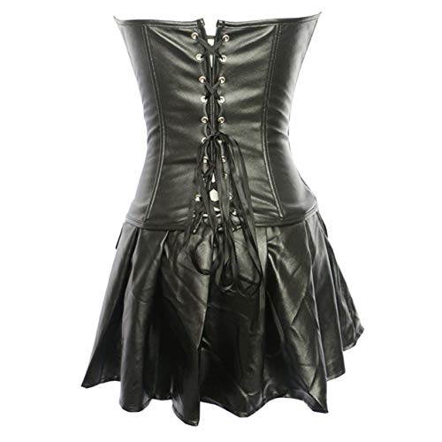 SxyBox Mujer Sexy Corsé de Cuero de imitación Ajustado Corset Vintage Gótico Vestido Conjunto de 3 Piezas con Tanga,Negro