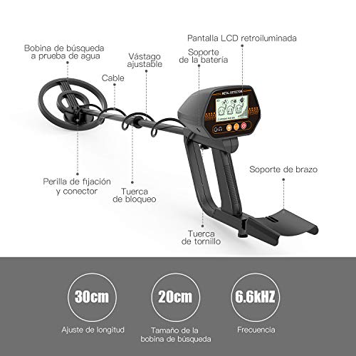 TACKLIFE Detector de Metales, 3 Tono de Audio y Modo Disco, con LCD Pantalla Retroiluminada Grande, Ajuste de Altitud(60-90 cm), Indicador de Batería, Impermeable y Bolsa de Transporte - MMD02