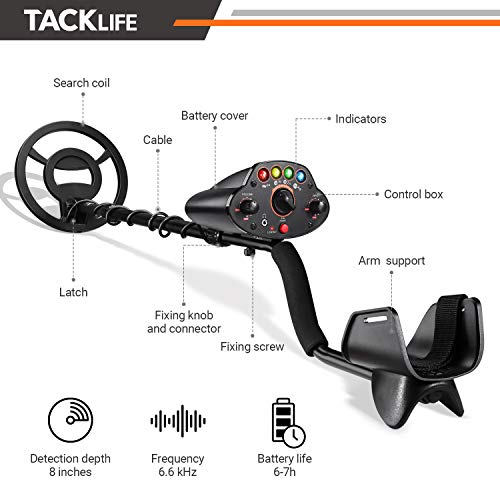 TACKLIFE Detector de Metales, Detector Profesional con Alta Sensibilidad Ajustable, 4 Modos para un Posicionamiento Preciso, Bobina Impermeable IP68 y Fácil de Uso, Bolsa de Transporte - MMD05