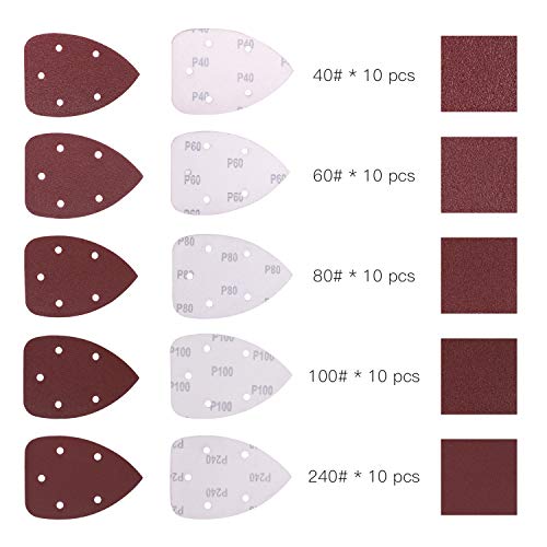 TACKLIFE Papeles de Lija, 50PCS Lijas de 40, 60, 80, 100, 240 Granos, para Lijadora Eléctrica de 140x140x100mm, Papeles Abrasivos con 5 Agujeros, Seco y Cambio Rápido con Gancho y Bucle Durable, ASD2A