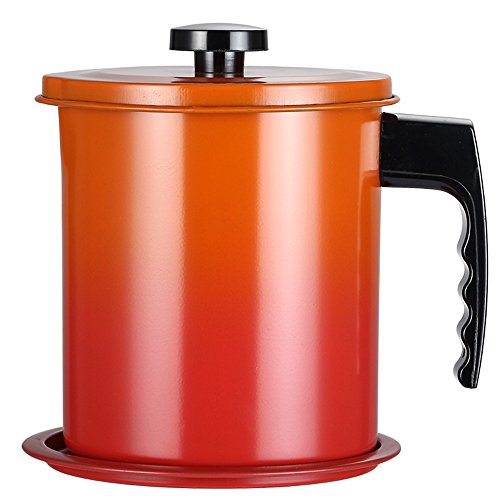 TAMUME 1.6L Olla de Colador de Aceite de Acero Inoxidable, Filtro de Grasa y Contenedor de Aceite con Tapa y Soporte Antideslizante (Naranja)