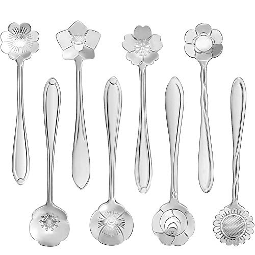 Tanersoned 16Pcs Cucharita de Cafe de Flores, Acero Inoxidable Cuchara de Azúcar/Té/Helado/Postres para Vajilla de Cocina,Café o Bar(Plateado)