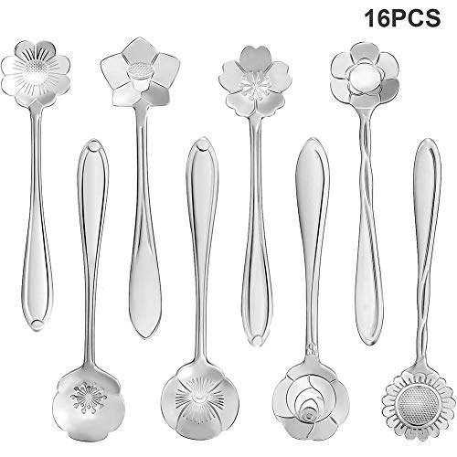 Tanersoned 16Pcs Cucharita de Cafe de Flores, Acero Inoxidable Cuchara de Azúcar/Té/Helado/Postres para Vajilla de Cocina,Café o Bar(Plateado)