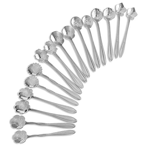 Tanersoned 16Pcs Cucharita de Cafe de Flores, Acero Inoxidable Cuchara de Azúcar/Té/Helado/Postres para Vajilla de Cocina,Café o Bar(Plateado)