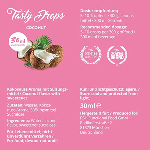 Tasty Drops de GymQueen 30 ml | Gotas de sabores sin calorías, sin azúcar y sin grasa | Gotas de aroma para endulzar la comida | Coco