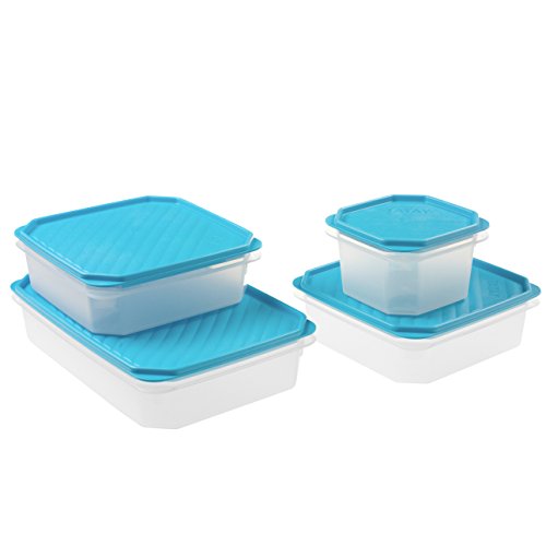 Tatay - Set de 4 contenedores de Alimentos cuadradas con Tapa Azul (1 x 0.6 L, 2 x 1.3 L, 1 x 2.1 L)