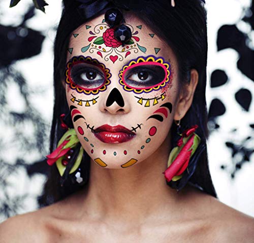 Tatuaje temporal de la cara, 8 Kits Tatuajes Sugar Skull Stickers Day of The Dead Makeup, Face Tattoo Rose Design para Halloween, disfraces y fiestas (Pegatinas faciales)