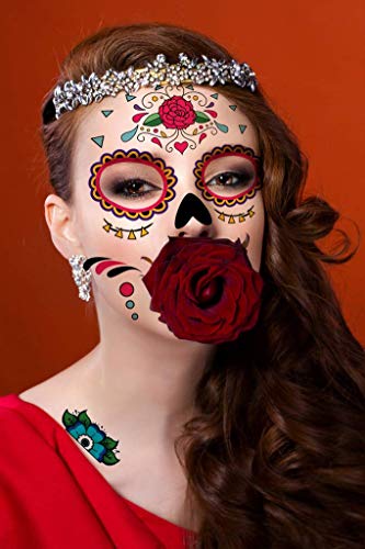 Tatuaje temporal de la cara, 8 Kits Tatuajes Sugar Skull Stickers Day of The Dead Makeup, Face Tattoo Rose Design para Halloween, disfraces y fiestas (Pegatinas faciales)