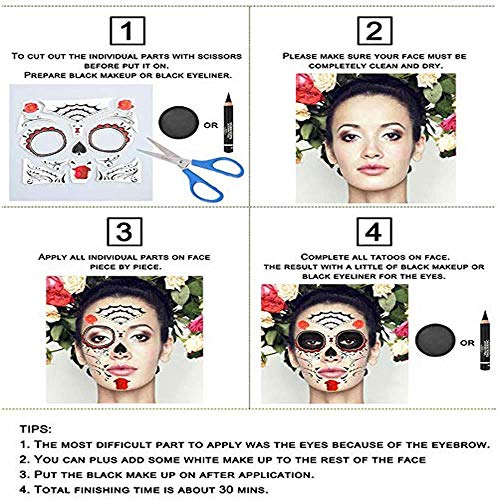 Tatuaje temporal de la cara, 8 Kits Tatuajes Sugar Skull Stickers Day of The Dead Makeup, Face Tattoo Rose Design para Halloween, disfraces y fiestas (Pegatinas faciales)