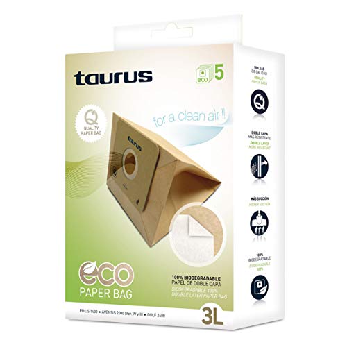 Taurus 999175000 Paquete de 5 Bolsas de Papel Eco para aspiradores Trineo de 3 litros de Capacidad, Paper, Madera