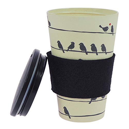 Taza de café para llevar de ebos hecha de bambú | con tapón de rosca, anilla de fieltro lana |taza para beber | Biodegradable, y respetuoso con el medio ambiente |apto para lavavajillas (Aves amantes)