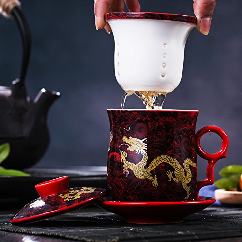 Taza de té de porcelana con tapa, infusor y platillo de HOLLIHI, cerámica china Jingdezhen, taza de café y té, sistema de preparación de té con hojas sueltas, para el hogar y la oficina