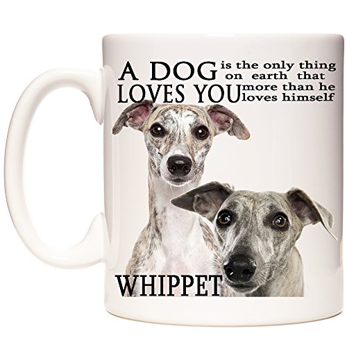 Taza Whippet con texto en inglés "A Dog Loves You", regalo para cachorros. Taza de cerámica para té o chocolate caliente