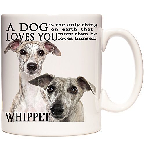 Taza Whippet con texto en inglés "A Dog Loves You", regalo para cachorros. Taza de cerámica para té o chocolate caliente