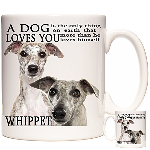 Taza Whippet con texto en inglés "A Dog Loves You", regalo para cachorros. Taza de cerámica para té o chocolate caliente