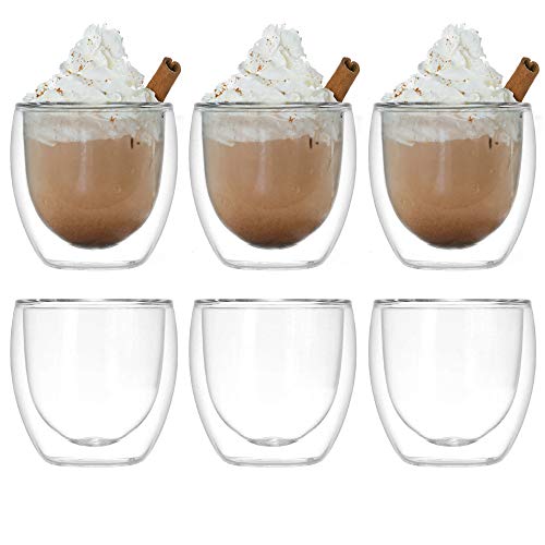 Tazas de café térmicas con Doble Capa de Vidrio Resistente para Bebidas frías y Calientes, Vino, café, té Helado y cócteles (Paquete de 6-250ml)