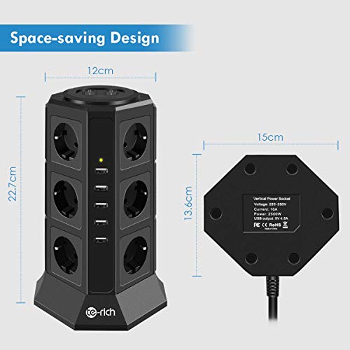 Te-Rich Torres Toma de Corriente Regleta Vertical Enchufes de 12 Tomas Corrientes y 5 USB Tomas Rápida,Cable de 2M Protector Sobrevoltaje Y Sobretensiones 2500W/10A