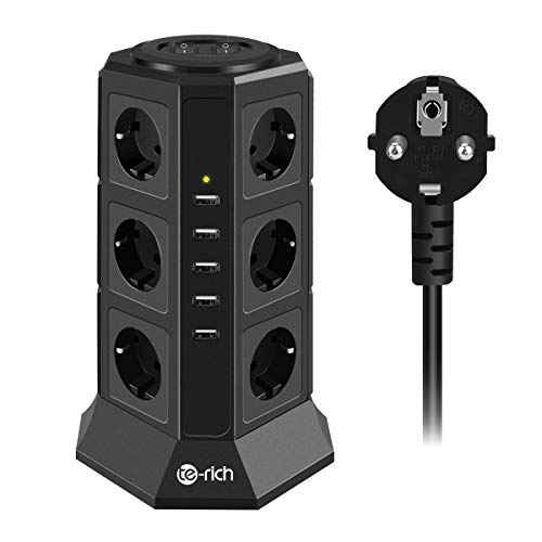 Te-Rich Torres Toma de Corriente Regleta Vertical Enchufes de 12 Tomas Corrientes y 5 USB Tomas Rápida,Cable de 2M Protector Sobrevoltaje Y Sobretensiones 2500W/10A