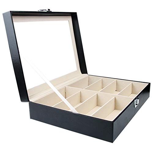 Tebery - Caja para Gafas con Ventana de Cristal para 8 Pares de Gafas, de Piel sintética, Color Negro, 33,7 x 24,5 x 8,4 cm (8 Compartimentos)