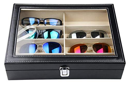 Tebery - Caja para Gafas con Ventana de Cristal para 8 Pares de Gafas, de Piel sintética, Color Negro, 33,7 x 24,5 x 8,4 cm (8 Compartimentos)