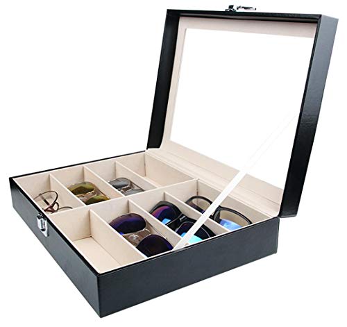 Tebery - Caja para Gafas con Ventana de Cristal para 8 Pares de Gafas, de Piel sintética, Color Negro, 33,7 x 24,5 x 8,4 cm (8 Compartimentos)