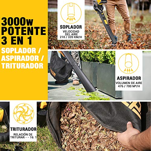 TECCPO 3-en-1 Soplador de Hojas Con Cable, Aspirador, Triturador Eléctrico, 3000W, 11000/14000 RPM, Velocidad de 210-350 km/h, 13m³/min, Relación de Trituración 16:1, 40L Bolsa - TABV01G