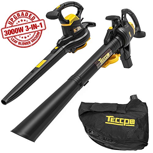 TECCPO 3-en-1 Soplador de Hojas Con Cable, Aspirador, Triturador Eléctrico, 3000W, 11000/14000 RPM, Velocidad de 210-350 km/h, 13m³/min, Relación de Trituración 16:1, 40L Bolsa - TABV01G