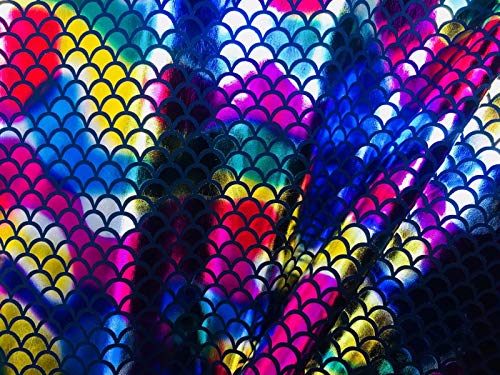 Tela con estampado de escamas de sirena para cuento de peces, lámina de aluminio, 2 vías, material elástico de lycra licra, disfraz y vestido, decoración, 150 cm de ancho (2 metros, arco iris)