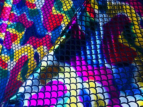 Tela con estampado de escamas de sirena para cuento de peces, lámina de aluminio, 2 vías, material elástico de lycra licra, disfraz y vestido, decoración, 150 cm de ancho (2 metros, arco iris)