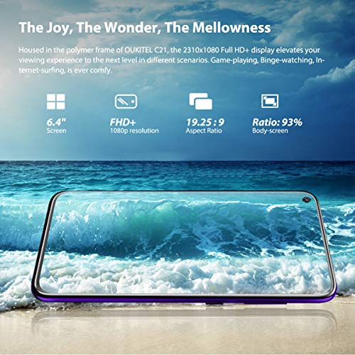 Teléfono de Móvil,OUKITEL C21 Android 10 Móviles y Smartphones Libres 4G Dual SIM,Pantalla FHD+ de 6.4" 4GB RAM+64GB ROM Helio P60 Móviles Libres,4000 mAh Bateria Cuatro Cámaras Smartphones,Morado