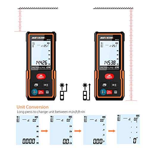 Telémetro Láser Portátil, Meterk 40m Mini Medidor de Distancia Láser Digital Guardar Datos Pantalla Retroiluminada LCD Instrumento de Medición Electrónico Láser de Burbujas y Rápida Medición