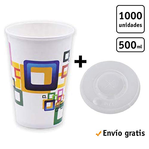 TELEVASO - 1000 uds - Vaso de cartón para Bebidas frías + Tapa, 90 mm de diámetro - Capacidad de 500 ml (16 oz) - Desechables y reciclables - Ideal para refrescos, Agua, zumos, Bebidas, Vino