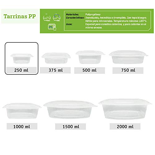 TELEVASO - 50 uds - Envase para Comida con Tapa bisagra Oval - Capacidad 250 ml - Polipropileno (PP) traslúcido - Contenedores Desechables con Tapa, Apto para microondas