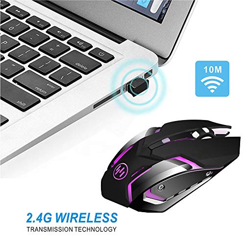 TENMOS X96 Ratón Gaming inalámbrico Recargable, Silenciosa óptico con Retroiluminación Raton Wireless Ordenador, 3 dpi Ajustables, Auto Dormir, 6 Botones para PC Notebook Portátil