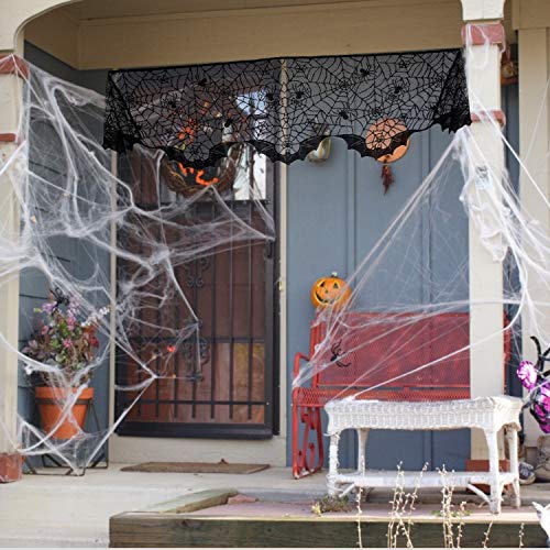 TENSUN - Juego de decoración de Halloween, diseño de telarañas de Halloween, 100 pañuelos de encaje negro para chimenea, 60 arañas para Halloween, decoración de la casa encantada