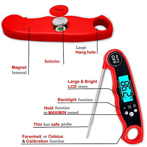 Termómetro de carne de lectura instantánea, termómetro resistente al agua con luz de fondo y función de calibración. Termómetro de cocina, cocina al aire libre, barbacoa y parrilla.