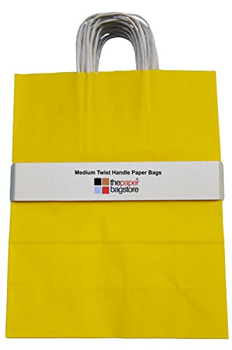 Thepaperbagstore 25 Bolsas De Papel De Colores, Reciclables Y Reutilizables, con Asas Retorcidas, Amarillo - Medianas 250x110x310mm