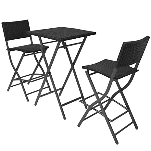 Tidyard Conjunto de Mesa y 2 Sillas Altas de Jardín,Conjunto de Bar Exterior Plegables 3 Piezas para Jardín Terraza Patio en Poli Ratán,Conjunto de Comedor de Cocina,Negro