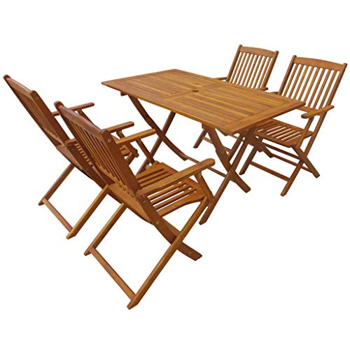 Tidyard Conjunto de Mesa y 4 Sillas Plegables Juego de Jardín con Sillas Conjunto de Comedor de Jardín 5 Piezas para Jardín Terraza Patio,Agujero de Sombrilla,Madera Maciza de Acacia(Mesa Rectangular)