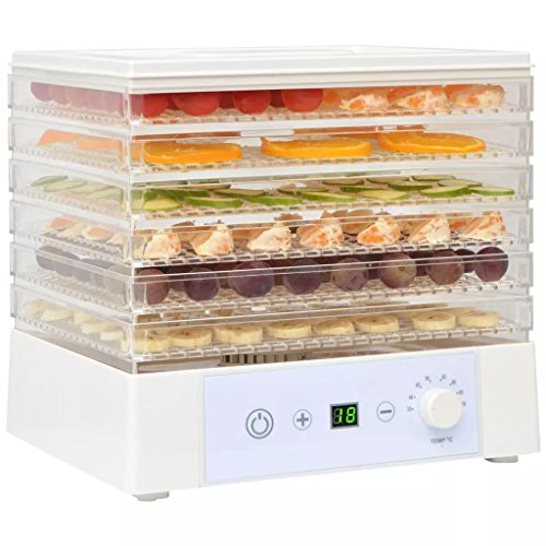 Tidyard Deshidratador de Alimentos con 6 Bandejas Ajustables, Pantalla LCD,Temporizador, Temperatura Ajustable,Deshidratador de Frutas y Verduras 250 W Blanco