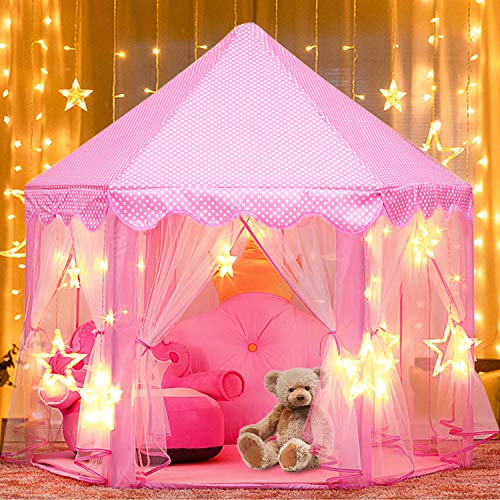 Tienda de Princesa, joylink Tiendas para Niños Interior Tiendas Castillo Princesas Portable Gran Rosa Playhouse con pequeñas Luces de Estrellas Juguetes 53 '' x 55 '' (DxH)