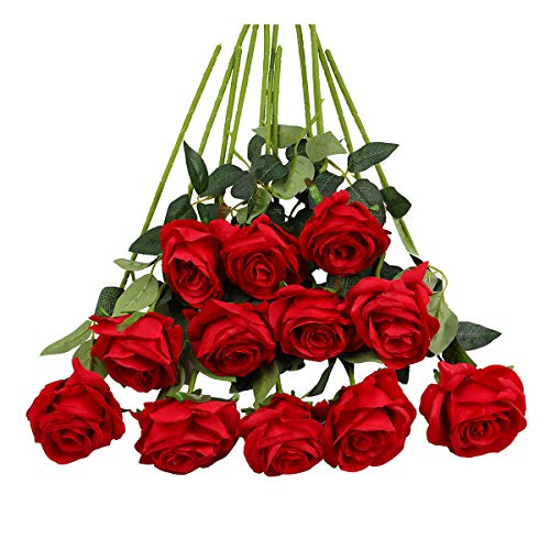 Tifuly 12 PCS Rosas Artificiales, Realista Largo Tallo Falso Rosa Seda Nupcial Ramo de Novia Flor para Home Garden Party Hotel Decoración