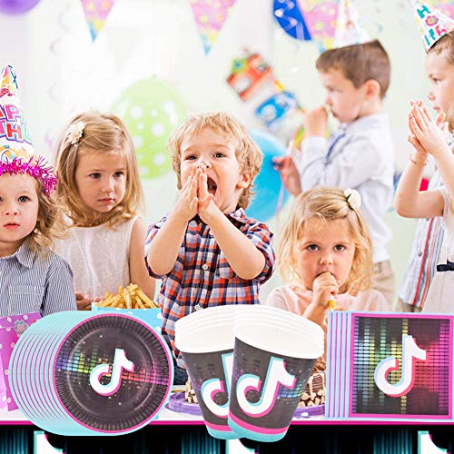 Tik Tok Vajilla De Fiesta Temática,Kit Vajilla Desechable Biodegradables, Vajilla De Cumpleaños De Niños Está Impresa Con Notas Musicales Banner De Feliz Cumpleaños Juego De Platos Banquetes