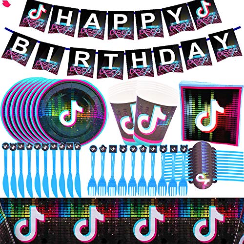 Tik Tok Vajilla De Fiesta Temática,Kit Vajilla Desechable Biodegradables, Vajilla De Cumpleaños De Niños Está Impresa Con Notas Musicales Banner De Feliz Cumpleaños Juego De Platos Banquetes