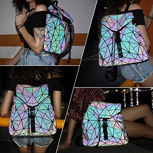 Tikea Bolsa Geométrica Luminosa Holográfica para Mujer, Mochila en Cuero Sintético de Moda, Deportivo, Efecto Reflectante