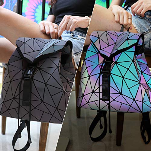 Tikea Bolsa Geométrica Luminosa Holográfica para Mujer, Mochila en Cuero Sintético de Moda, Deportivo, Efecto Reflectante