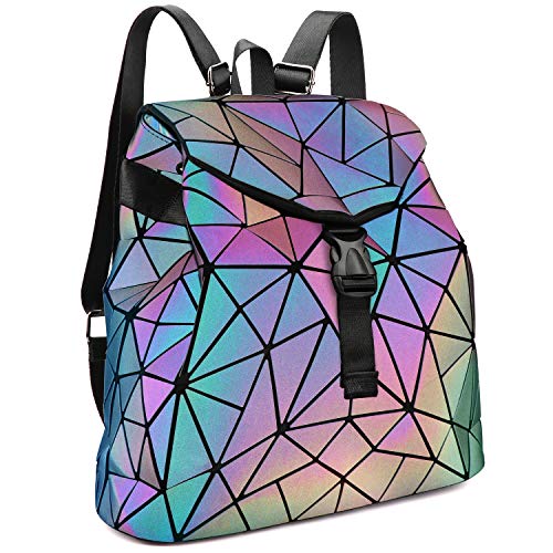 Tikea Bolsa Geométrica Luminosa Holográfica para Mujer, Mochila en Cuero Sintético de Moda, Deportivo, Efecto Reflectante