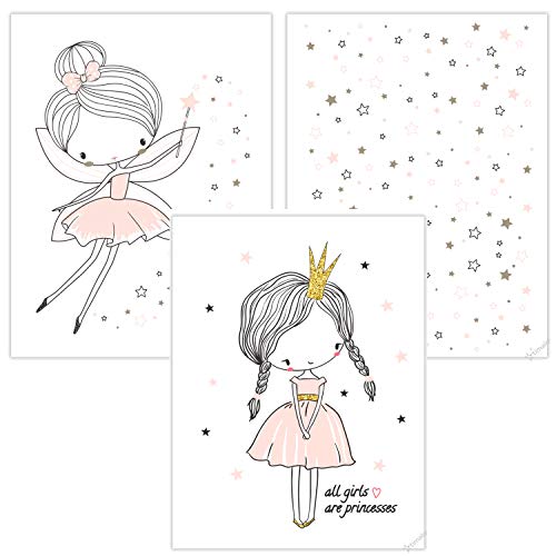 timalo® Juego de 3 imágenes para habitación de niños - Juego de imágenes de princesa, estrellas y hada en color rosa pastel P-3er-set-004 Talla:A4 (21x29cm)