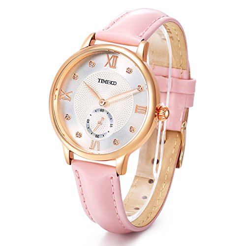 Time100 Reloj Cuarzo para Mujer de número Romano con Diamante de Color Rosa con segundero Ideas de Regalo para el día de la Madre