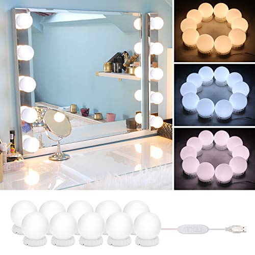 Timker Luces LED Kit de Espejo con 10 Bombillas regulables 3 Modos Ajustable de Color de Luz USB Luz Espejo Maquillaje,Tocador,Espejo,Baño,Regalo 3000K-6500K - Base de actualización